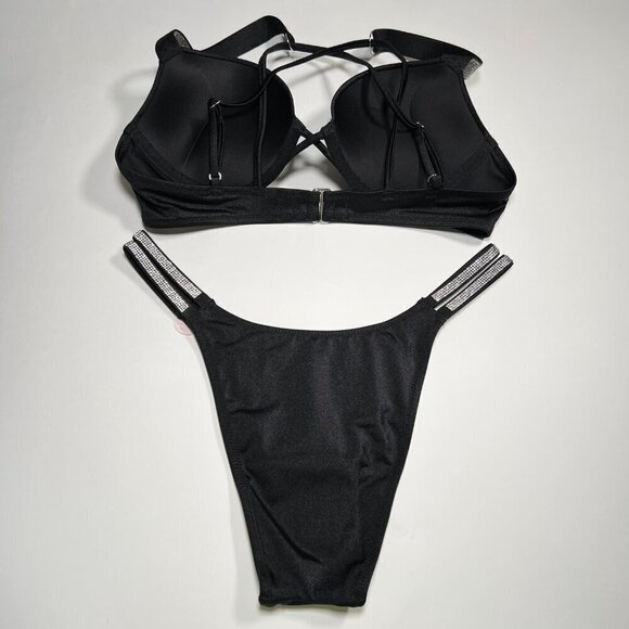 Victoria Secret 34DD M Bombshell Push Up Bikini Top Set Glam Shine Strap Black - Picture 7 of 12